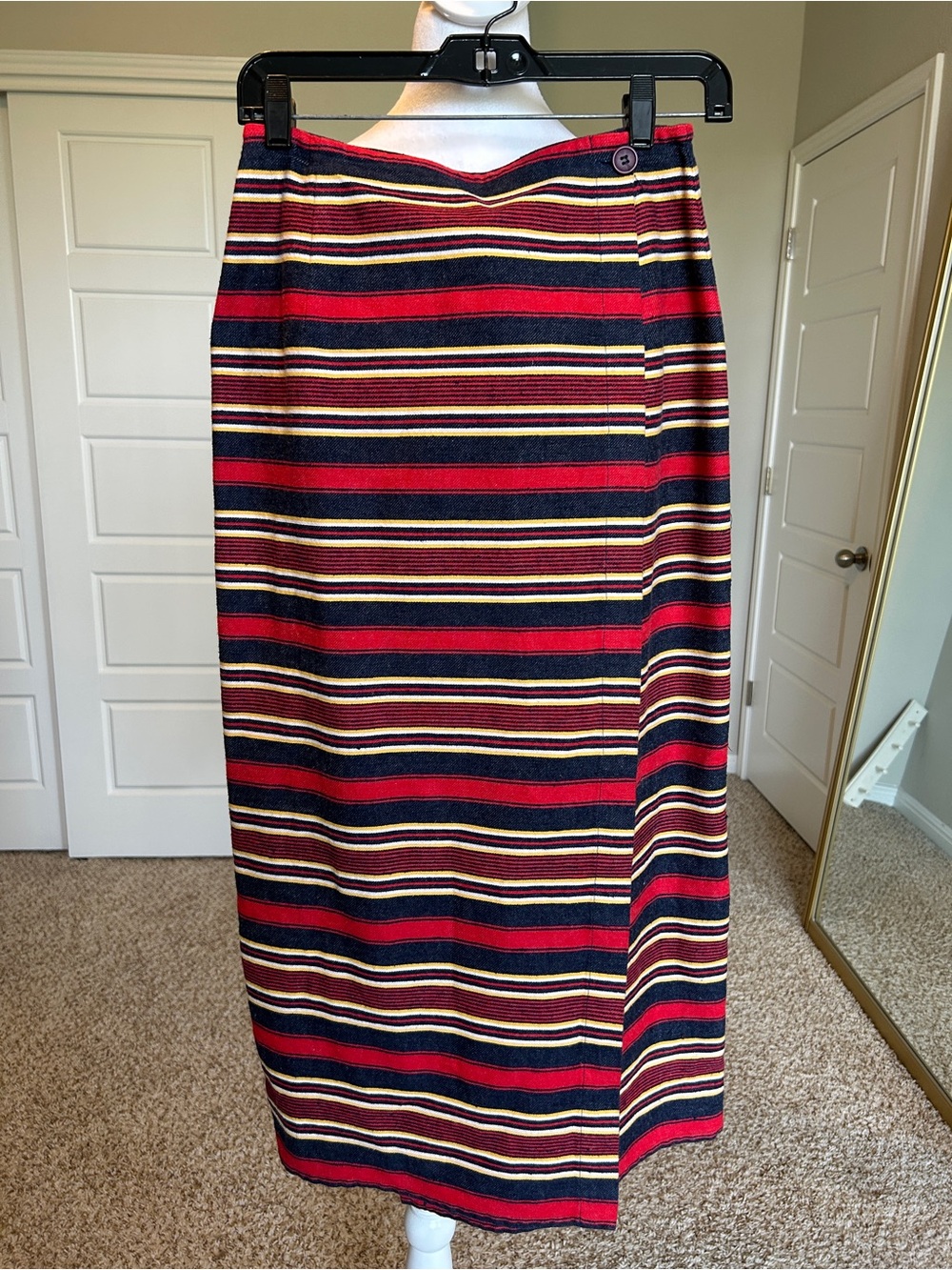 Cambridge Dry Goods Vintage Wraparound Midi Skirt Denim Red Stripes Size 8